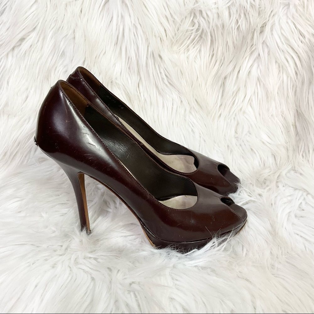 Christian Dior B miss peep toe maroon patent leather platform pump heel 6